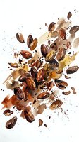 Roasted cocoa beans and powder exploding in dynamic motion against white background, isolated for food and beverage design use.