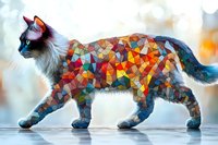 Colorful mosaic cat silhouette with geometric pattern of triangular shapes in rainbow colors walking gracefully against soft blurred background. Creative artistic design.