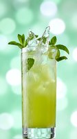 Refreshing mint cocktail with ice in tall glass against soft green bokeh background for summer beverage and bar menu designs.