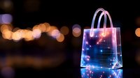 Glowing neon shopping bag with digital pattern effect against dark background with bokeh lights, modern retail and technology concept for e-commerce designs.
