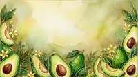 Sliced and whole avocados with leaves arranged on soft yellow-green watercolor background, suitable for healthy food, nutrition, recipe, and wellness design projects.