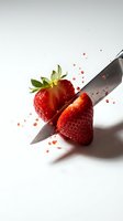 Fresh strawberry being sliced with sharp knife creating juice splashes on white background for culinary and food preparation concepts.