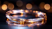 Glowing copper wire string lights creating magical circular bokeh effect against dark background, warm golden illumination for festive atmosphere.