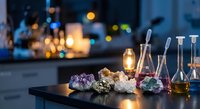 Laboratory glassware with colorful mineral specimens on dark table in modern research facility with warm ambient lighting and bokeh background.