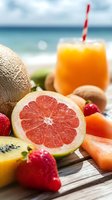 Fresh tropical fruits and juice on wooden table at beach, with grapefruit, strawberry, kiwi, melon, and orange cocktail against ocean backdrop.