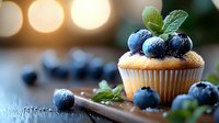 Fresh vanilla cupcake topped with ripe blueberries and mint leaves on rustic wooden surface with bokeh lights background, macro food photography.