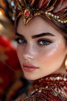 Close up portrait of young woman with fantasy makeup, glitter freckles, blue eyes and ornate golden-red feather crown against blurred background. Perfect for beauty and fashion.