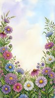 Watercolor wildflower border with daisies, asters, and meadow herbs in pink, purple, and blue, framing a soft sky background with copy space.