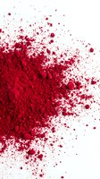 Red powder explosion dispersing across white background, creating dynamic cloud effect with particles floating in air for cosmetics, makeup, and design projects.