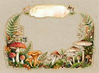 Autumn forest frame with mushrooms, ferns and foliage on textured background. Seasonal botanical border with blank banner for text or design projects.