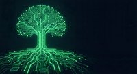 Digital tree with glowing green circuit board patterns and electronic pathways on dark background for technology and innovation concepts.