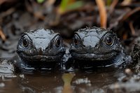 Two young alligators emerge from muddy swamp water with raindrops on their heads, showcasing wildlife in natural wetland habitat for nature and animal photography.