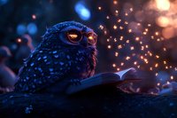 Magical owl with glowing eyes reading open book at night surrounded by glowing sparkles and bokeh lights in mystical forest atmosphere.