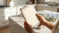 Unrecognizable woman holding blank notebook in modern kitchen with marble countertop, natural light, for mockup and branding purposes.