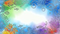 Colorful underwater ocean scene with coral reef, tropical fish, seaweed and bubbles in vibrant rainbow gradient background for marine themed designs.