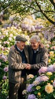 Two elderly Caucasian men embracing and laughing together in blooming spring garden with colorful flowers and tree branches overhead for friendship concepts.
