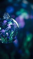 Glass sphere ornament filled with glowing jellyfish and bioluminescent particles in purple, blue, and green neon colors against dark bokeh background. Perfect for holiday, fantasy, and sci-fi designs.