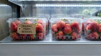 Fresh organic strawberries in clear plastic containers stored in refrigerator display case for healthy eating and natural food retail marketing.