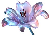 Luminous glass lily flower in iridescent pink and blue colors with delicate translucent petals and dark stamens on white background, suitable for modern art projects.