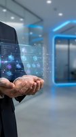 Businessman holding holographic digital interface with connected network nodes in modern office environment for technology and innovation concepts.