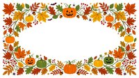 Autumn fall foliage frame with pumpkins, jack-o-lanterns, and seasonal leaves isolated on white background for greeting cards and designs.