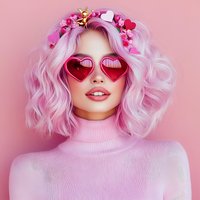 Young woman with pink wavy hair wearing heart-shaped sunglasses and floral crown against pink background. Romantic fashion portrait in monochromatic pastel style.