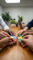 Business team collaboration concept with hands joining colorful puzzle pieces on wooden table in modern office environment for teamwork solutions.