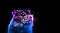 Glowing neon hamster portrait with vibrant purple and blue fur gradient against black background, artistic digital illustration with luminous effect.
