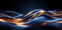 Abstract flowing lines of light in blue and gold colors creating dynamic wave pattern against dark background with glowing energy effect and smooth motion blur.