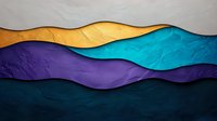 Abstract layered paper cut background in vibrant purple, gold and turquoise colors creating mountainous landscape effect with dramatic shadows and texture.