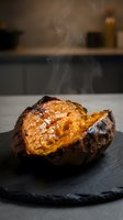 Hot baked sweet potato with steam rising on slate plate in modern kitchen setting for healthy cooking and nutrition concepts.