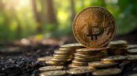Golden bitcoin cryptocurrency coin standing on stack of coins against blurred green natural background with sunlight effect for financial concept.