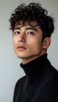 Young Asian male model with curly dark hair wearing black turtleneck sweater against light background, looking upward with confident expression. Professional portrait.