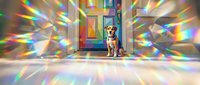 Dog sitting in colorful rainbow light room with prismatic reflections creating magical atmosphere for pet photography and interior design concepts.