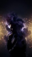 Silhouette of contemplative man surrounded by dramatic purple smoke clouds and golden light particles creating mystical atmospheric mood.