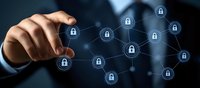Businessman touching virtual padlock network, representing cybersecurity and digital data protection in modern business technology environment.