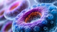 Microscopic view of virus structure in vibrant blue and purple colors showing detailed membrane proteins and genetic material. Scientific medical visualization.