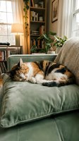 Calico cat sleeping peacefully on a green velvet sofa in a cozy home interior with bookshelves and warm lamp light.