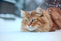 Ginger Maine Coon cat with bright green eyes lying in fresh snow during winter, snowflakes falling on long fluffy fur creating magical outdoor portrait.