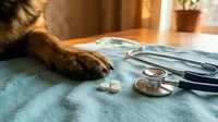 Cat paw resting on blue medical cloth with stethoscope and pills nearby, representing veterinary care and pet health examination in clinical setting.