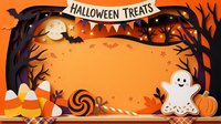 Halloween treats frame with candy corn, lollipop, ghost and pumpkin on orange background. Isolated design element suitable for greeting cards, posters and seasonal marketing materials.
