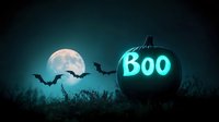 Glowing neon blue BOO text on carved pumpkin with flying bats silhouettes against full moon in dark mystical night sky, spooky Halloween scene in moonlight.