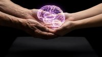 Elderly and young hands protecting glowing purple brain hologram symbolizing mental health care, dementia support, and intergenerational knowledge transfer.