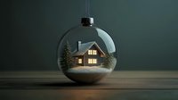 Glowing cabin inside glass Christmas ball ornament with snowy pine trees against dark background, creating cozy winter holiday atmosphere.