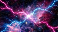 Electric lightning bolts colliding in cosmic space with colorful nebula clouds and starfield creating dramatic energy explosion for sci-fi designs.
