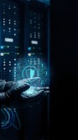 Hands holding glowing digital shield with circuit board pattern in data center environment, representing cybersecurity, network protection, and technology innovation for business solutions.