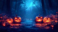 Glowing carved pumpkins line misty forest path under moonlight with orange autumn leaves and ethereal blue atmosphere creating spooky Halloween ambiance.