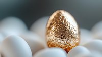 Golden egg among regular white eggs, symbolizing uniqueness, success and standing out from crowd. Luxury Easter concept with selective focus on metallic surface.