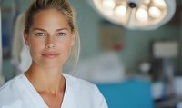 Confident female healthcare professional in white uniform smiling at camera in modern medical facility with surgical lights and blurred background. Professional portrait.