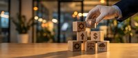 Business professional hand placing wooden blocks with financial symbols on office desk creating investment strategy concept for wealth management.